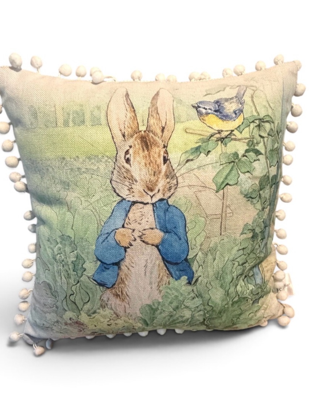 World Of Peter Rabbit Tapestry Throw Pillow 18”x18” Blue Bird Cabbage Patch EUC